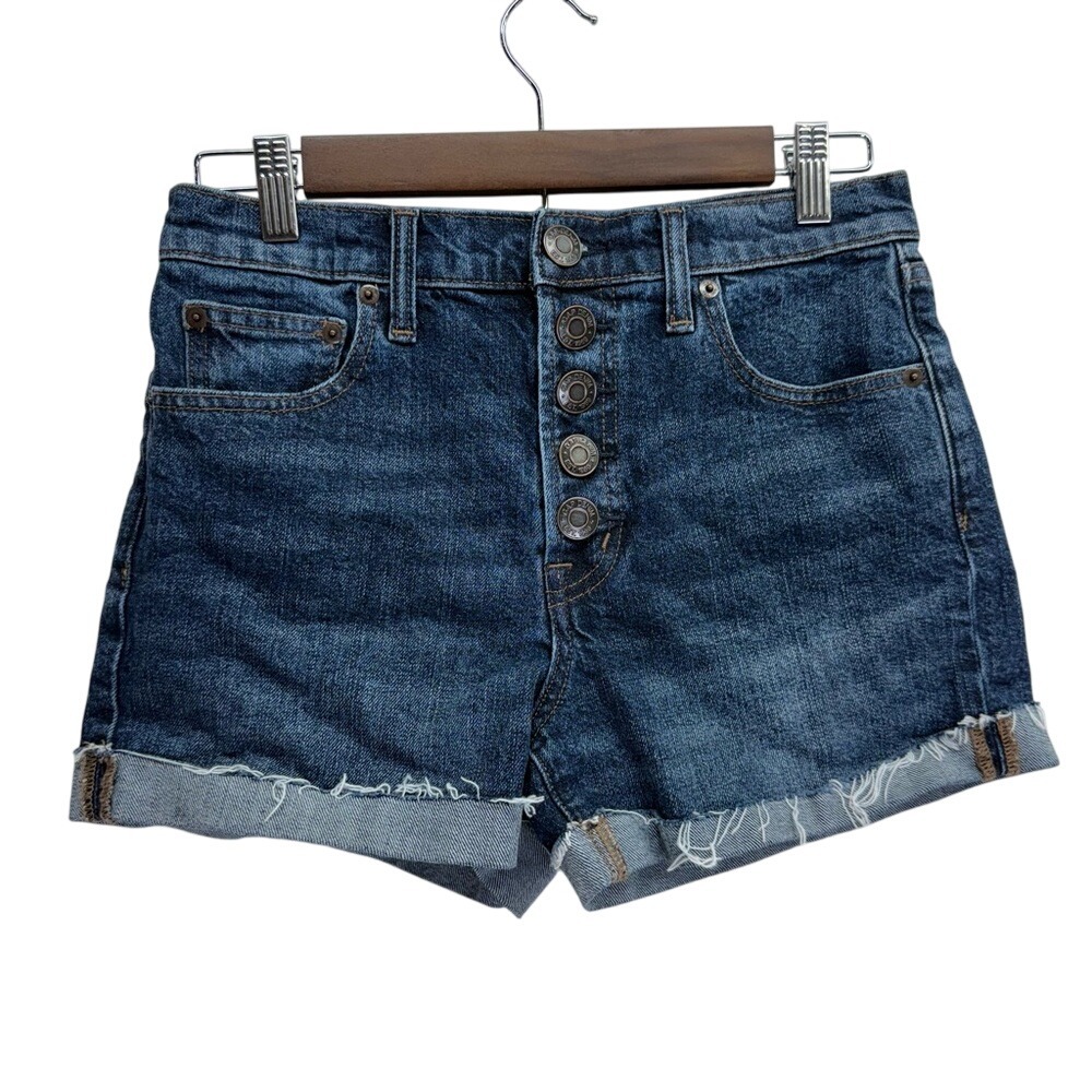 GAP Button Fly Blue Denim Shorts,‎ Raw Hem Cuffed, Women's Sz 27 Medium Wash
